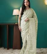 Green elegant printed organza saree with blouse piece