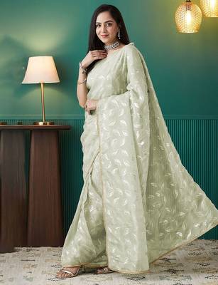 Green elegant printed organza saree with blouse piece 2