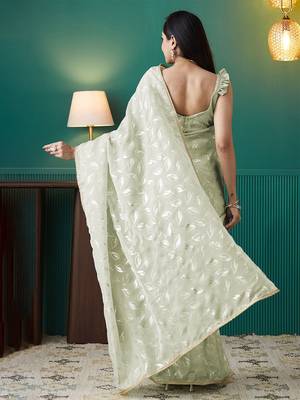 Green elegant printed organza saree with blouse piece 3