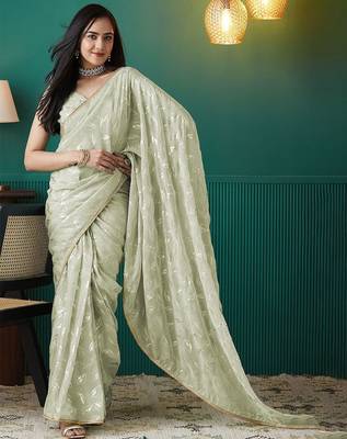 Green elegant printed organza saree with blouse piece 4