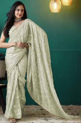 Green elegant printed organza saree with blouse piece