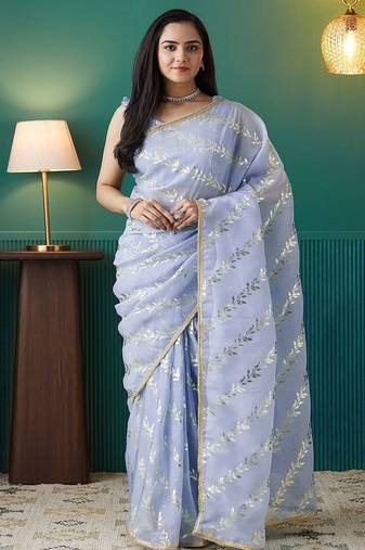 Purple elegant printed organza saree with blouse piece