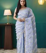 Purple elegant printed organza saree with blouse piece