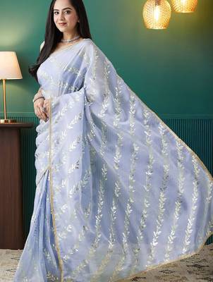 Purple elegant printed organza saree with blouse piece 3
