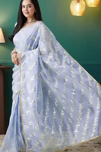 Purple elegant printed organza saree with blouse piece