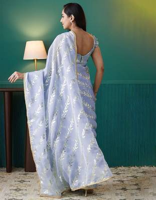 Purple elegant printed organza saree with blouse piece 4
