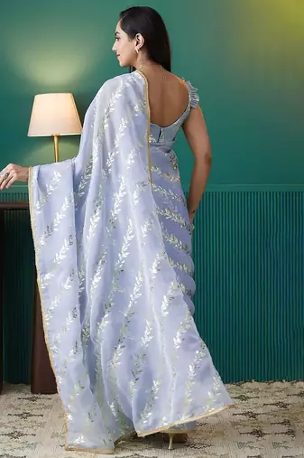 Purple elegant printed organza saree with blouse piece