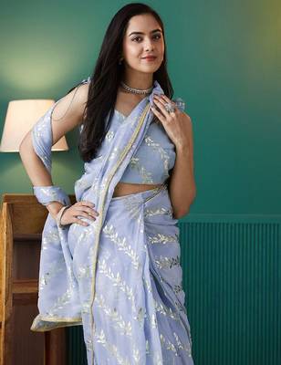 Purple elegant printed organza saree with blouse piece 5