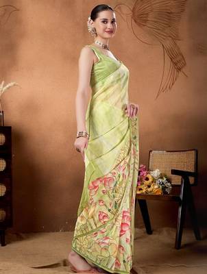 Green elegant printed organza saree with blouse piece 2