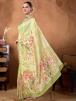 Green elegant printed organza saree with blouse piece 3