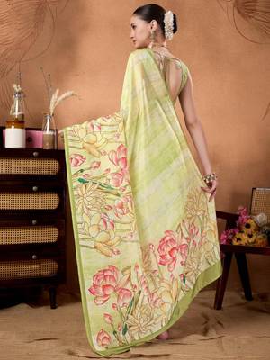 Green elegant printed organza saree with blouse piece 4