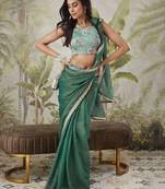 Green plain chiffon designer saree with blouse piece
