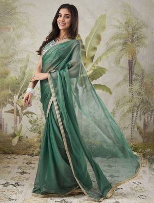 Green plain chiffon designer saree with blouse piece 2