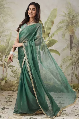 Green plain chiffon designer saree with blouse piece