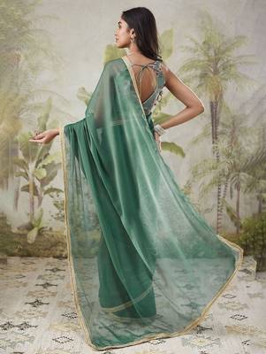 Green plain chiffon designer saree with blouse piece 3