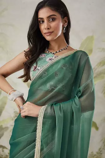 Green plain chiffon designer saree with blouse piece