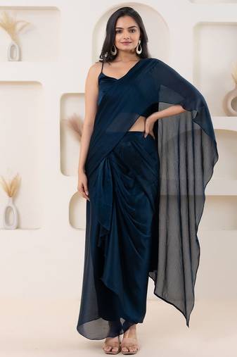 Blue plain georgette designer saree with blouse piece