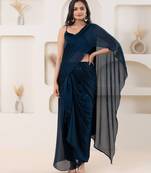 Blue plain georgette designer saree with blouse piece
