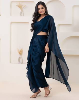 Blue plain georgette designer saree with blouse piece 2