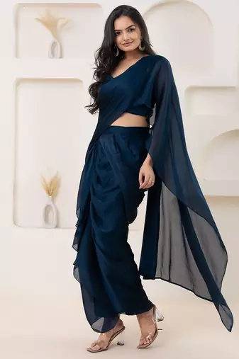 Blue plain georgette designer saree with blouse piece