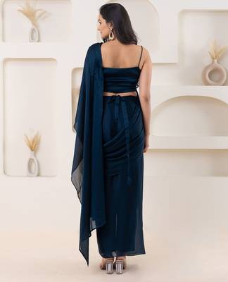 Blue plain georgette designer saree with blouse piece 3