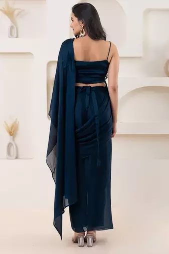 Blue plain georgette designer saree with blouse piece