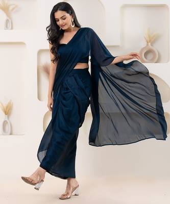 Blue plain georgette designer saree with blouse piece 4