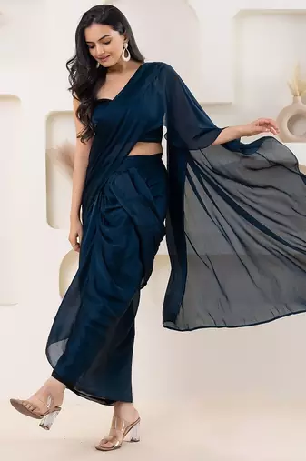 Blue plain georgette designer saree with blouse piece