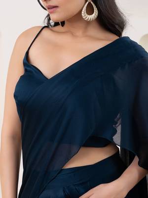 Blue plain georgette designer saree with blouse piece 5