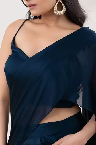 Blue plain georgette designer saree with blouse piece