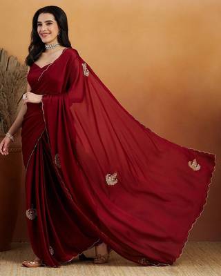 Maroon embroidered chiffon occasion wear saree with blouse piece 1