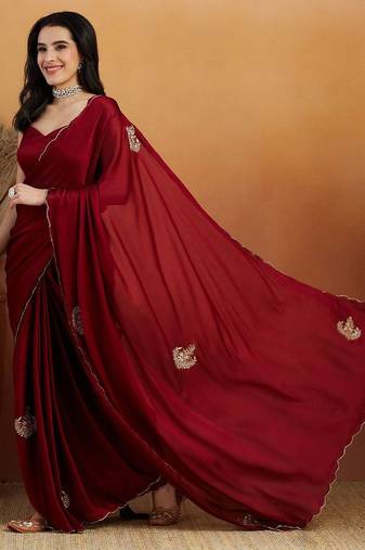 Maroon embroidered chiffon occasion wear saree with blouse piece