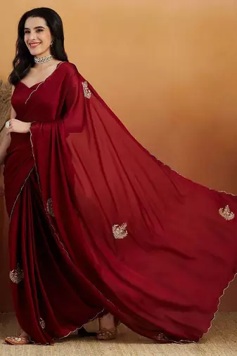 Maroon embroidered chiffon occasion wear saree with blouse piece