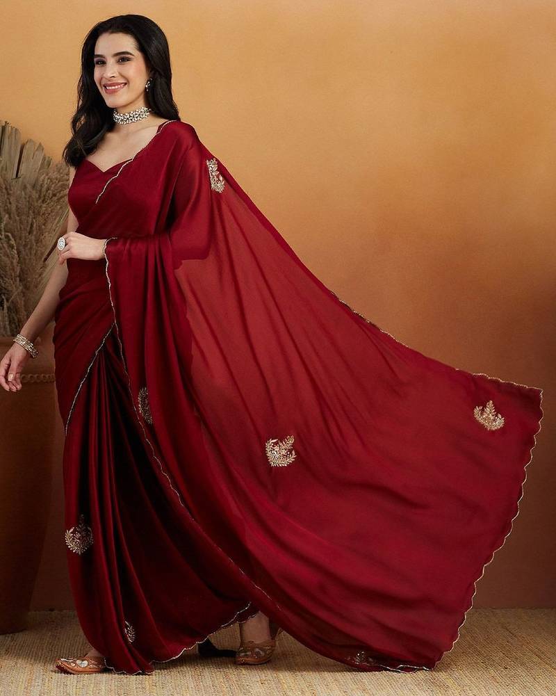 Maroon embroidered chiffon occasion wear saree with blouse piece