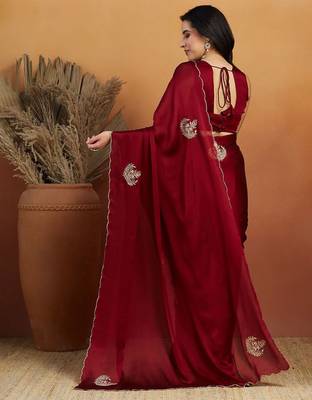 Maroon embroidered chiffon occasion wear saree with blouse piece 2