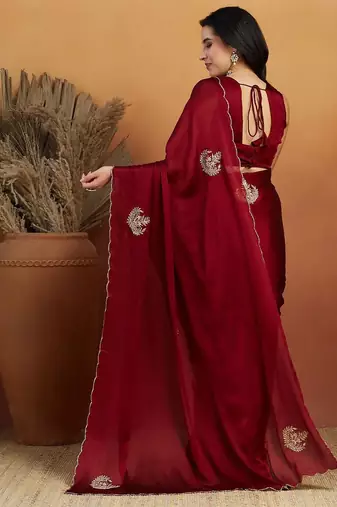 Maroon embroidered chiffon occasion wear saree with blouse piece