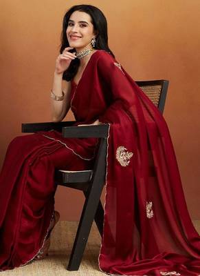 Maroon embroidered chiffon occasion wear saree with blouse piece 3