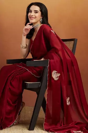 Maroon embroidered chiffon occasion wear saree with blouse piece