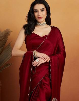 Maroon embroidered chiffon occasion wear saree with blouse piece 4