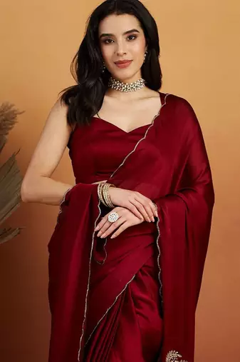Maroon embroidered chiffon occasion wear saree with blouse piece