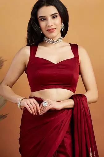 Maroon embroidered chiffon occasion wear saree with blouse piece