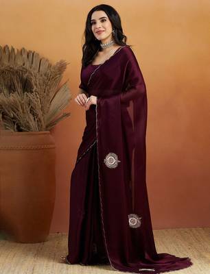 Burgundy embroidered chiffon occasion wear saree with blouse piece 1
