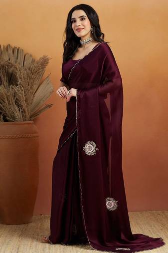 Burgundy embroidered chiffon occasion wear saree with blouse piece