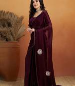 Burgundy embroidered chiffon occasion wear saree with blouse piece