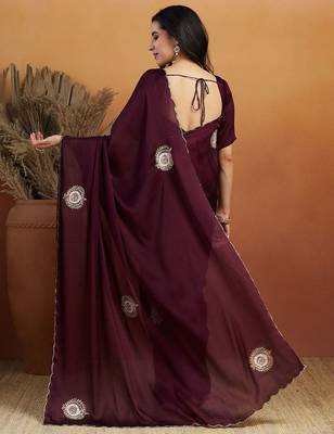 Burgundy embroidered chiffon occasion wear saree with blouse piece 2