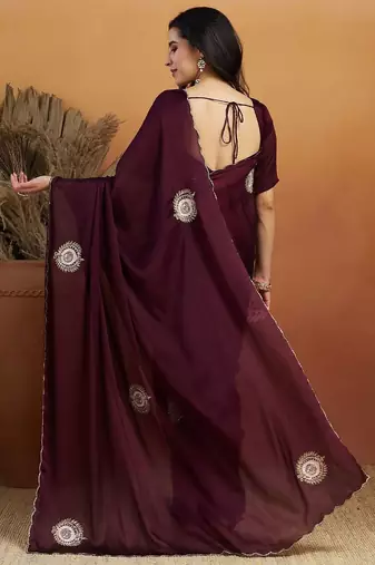 Burgundy embroidered chiffon occasion wear saree with blouse piece