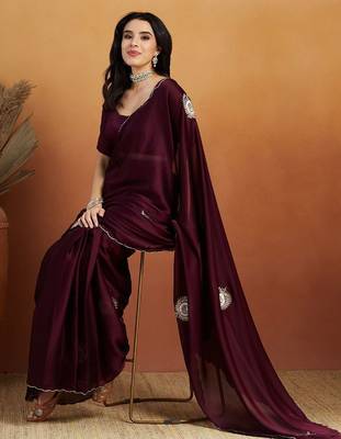 Burgundy embroidered chiffon occasion wear saree with blouse piece 3