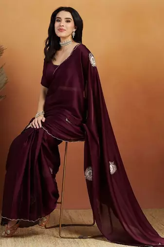 Burgundy embroidered chiffon occasion wear saree with blouse piece
