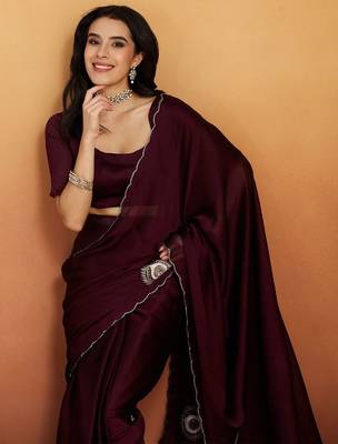 Burgundy embroidered chiffon occasion wear saree with blouse piece 4