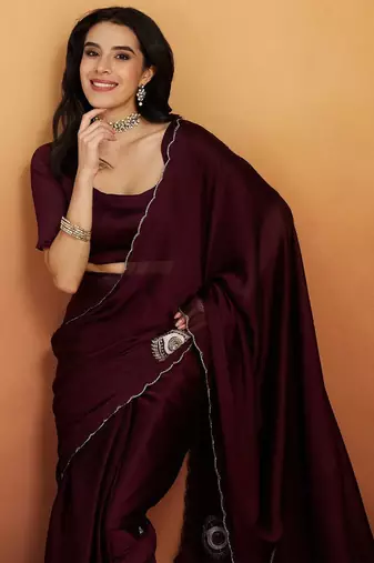 Burgundy embroidered chiffon occasion wear saree with blouse piece